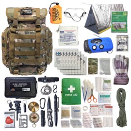 Sirius Survival 72-Hour Starter Emergency Kit – Complete One-Person Bug Out Bag with 40L Survival Backpack, Food, Water, Tent, 141-Piece First Aid, Emergency Radio & Multi-Tool (Camo)