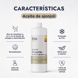 HEBBE Aceite de Sésamo 1 L | Prensado en Frío 100% Puro | Hidratante Piel y Cabello | Antioxidante Vitamina E | Uso Cosmético