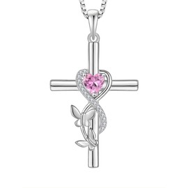 JIWOY Butterfly Cross Necklace 925 Sterling Silver Crucifix Pendant Heart Created Pink Tourmaline Religious Jewelry for Women