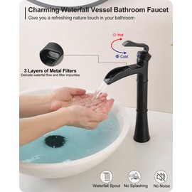 HEYMYTAP Black Waterfall Tall Bathroom Faucet Single Hole, Brass Bathroom Vessel Sink Faucet Single Handle with Pop-Up Drain & Pre-Installed Hoses, No Noise