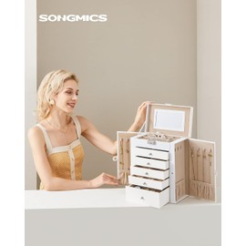 SONGMICS Caja para Joyas de 6 Niveles, Caja Joyero con 5 Cajones, Espejo, Cerradura, Superficie Blanco Nube y Forro Beige Arena MJBC152W01