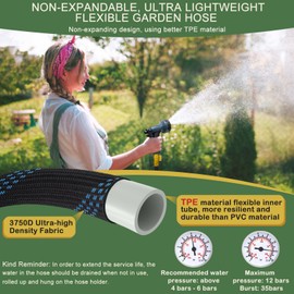 Garden Hose Non-Expandable 100 ft, Lightweight Flexible Water Hose with 10-Pattern Spray Nozzle, Leak Proof, Kink-Free, Portable Hose for Yard, Lawn, Camper, High-Density Fabric, Black Blue