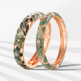 wynameleri Vintage Jewelry Cloisonne Handcrafted Enameled Flower Gorgeous Rhinestone Gold Hinged Cuff Bracelet Bangles Gifts 88A11-55A128 Green