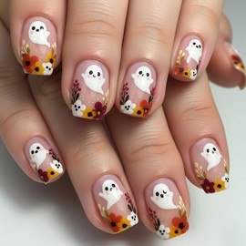 Halloween Press on Nails Short Square Fake Nails Flower Ghost Full Cover Nails Press ons Glossy Floral Leaf Reusable Glue on Nail Fall Daily Acrylic Stick on Nail for Women Halloween Autumn Nail 24Pcs