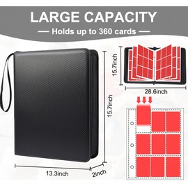 Xoxxcous Card Binder 9 Pocket - Top Loader Binder Holds 360 Toploaders, PU Leather Cover, Removable 3-Rings Transparent Inner Page for Trading Cards or Sports Cards