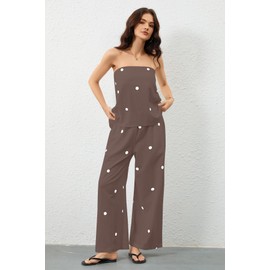 Ceputer Women 2 Piece Outfits Polka Dot Summer Pants Set Strapless Tube Top High Elastic Waist Wide Leg Pants Lounge Sets