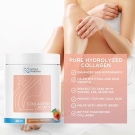 NOVA PHARMA Hydrolyzed Marine Collagen - Hyaluronic Acid - Collagen Powder Supplement - Skin Health - Anti-aging - 30 Servings (Tangerine & Berries)