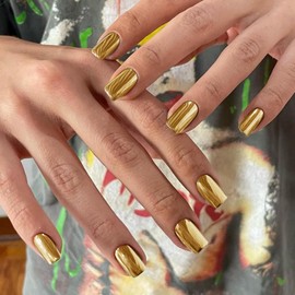 Light Gold Chrome Press on Nails Short Medium Square, KQueenest Mirror False Acrylic Nails Press Ons, Metallic Fake Nails Short, Cute Glitter Stick on Nails for Women Birthday Party Decoration 24 Pcs