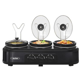 SUNVIVIPRO 3 * 1.5 Quarts Triple Slow Cooker, Buffet Server & Warmer with 3 Removable Ceramic Pots, 3 Adjustable Temp Settings & 3 Metal Lid Rests, Stainless Steel, Black