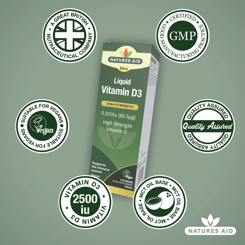 Natures Aid Vegan Vitamin D3/Cholecalciferol Liquid, 2500iu, Dropper Included, 50