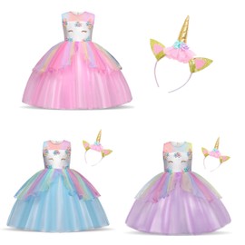 Timesun Children's Unicorn Costume Dress, Girls Unicorn Skirt, Flowers Girls Sleeveless Party Dress, Birthday Dress Party Dress, Carnival Fancy Dress with Unicorn Outfit Set (Blue, 140)