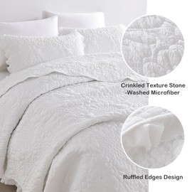 HORIMOTE HOME White Ruffled Quilt Twin Size, Stone-Washed Microfiber Lightweight Crinkled Farmhouse Rustic Shabby Chic Bedding Set, 2 Pieces Reversible Bedspread with Pillow Sham for All Season