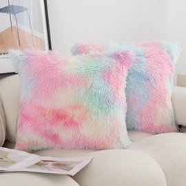 Labilin Faux Fur Fluffy Throw Pillow Covers 2 Pack Plush Decorative Pillowcase Soft Velvety Throw Pillow Cover 24x24 Rainbow Luxury Pillowcases for Sofa Living Room Home Decor