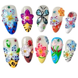 Handmade Press On Nails 3D Floral & Butterfly with Red Ladybug Fake Nails Medium Almond Acrylic Nail Tips Luxury Enchanted Garden Stick on False Nails Dreamy Nails (Garden, L)