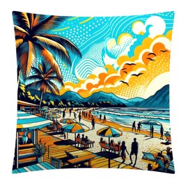 The Beach Stop Pop Art Colourful Tropical Beach Scene Accent Cushion Cover | Unique Living Room & Bedroom Home Decor Inspo | Gift Idea | 45x45cm 18x18” | Sunset Beach