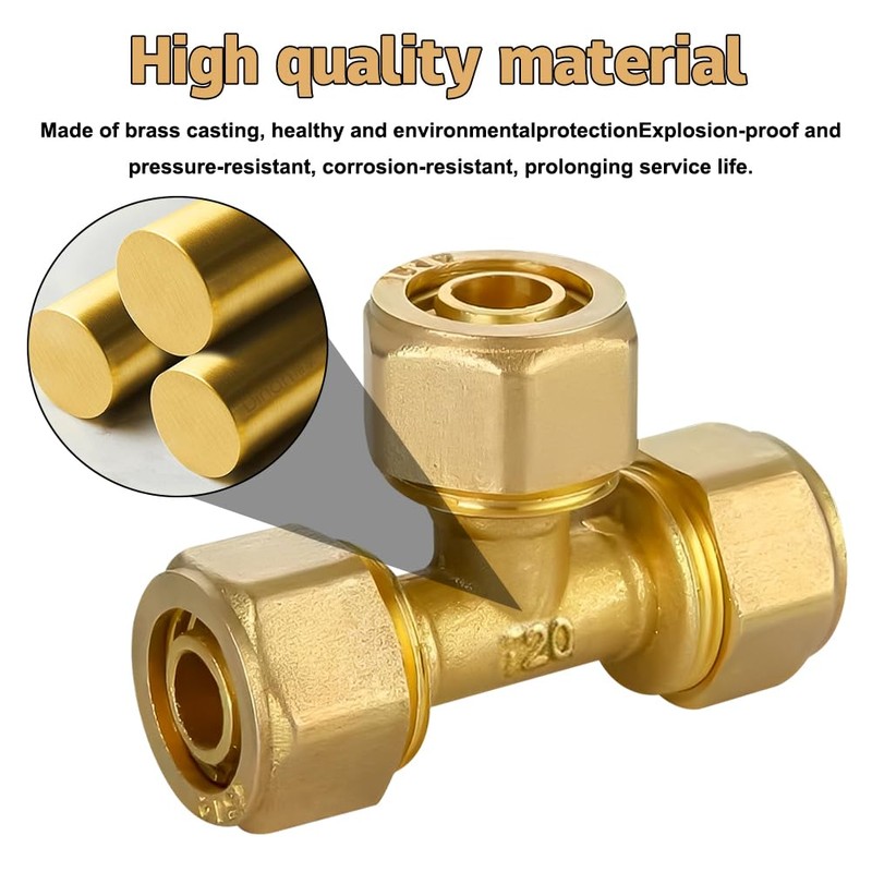 Pack of 2 Screw Fitting T-Piece, Brass Compression Fitting for