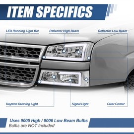 Auto Dynasty 4PCS LED DRL Headlight Lamps Compatible with Chevy Silverado Avalanche 1500 2500 3500 03 04 05 06 / Chevy Silverado Classic Models 07, Driver and Passenger Side, Chrome Housing Clear Lens