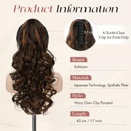 Sofeiyan Ponytail Hairpiece with Clip, Long Wavy Curly Braid Extension, Claw Clip-In Ponytail Extension, Synthetic Hair Extension for Women, 43 cm, Dark Brown and Light Red Brown