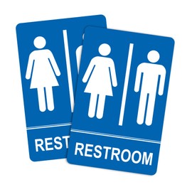 Restroom Sign - (2 Pack ) Metal Restroom Signs for Business with Strong Self-Adhesive, Bathroom Signs for Home Door or Wall, Ideal Unisex Restroom Signs for Women and Men, Easy to Install (Blue (Unisex), 9" x 6")