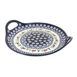 Blue Rose Polish Pottery Reindeer Pine Round Serving Tray with Handles