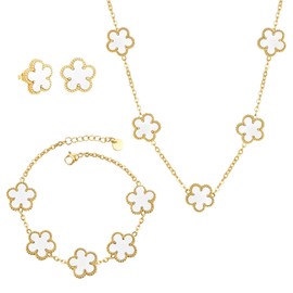 CJL CANKIRA 3PCS 18K Gold Plated Leaf Clover Lucky Jewelry Set for Her - Trendy Four Leaf Clover Necklace Bracelet Earrings Set Dainty Jewelry Gift for Women, Medium, Stainless Steel, No Gemstone