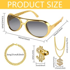 Zkaoai 4 Piece Dollar Chain Set, Dollar Sign Necklace Rings Sunglasses Gold Chain Set, Hip Hop Costume Set, Hip Hop Costume Accessories Set, 80s 90s Costumes Outfits and Accessories