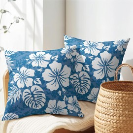 PAKAZA Pure White Hibiscus Cushion Cover Set of 2 Linen Look 45x45cm Pillow Covers Fresh Hawaii Double Sided Print Simple Scandinavian Zabuton Cover for Sofa Car Interior Backrest Gift Blue Aloha