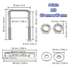 duoyif U Bolt U Shackle 60 mm x 90 mm 4 Pieces U-Screws M8, Square U-Bolt 304 Stainless Steel with Nut Frame and Washer, Shackle Bolt for Pipe Attachment Car Towing (M8-60 x 90 mm)