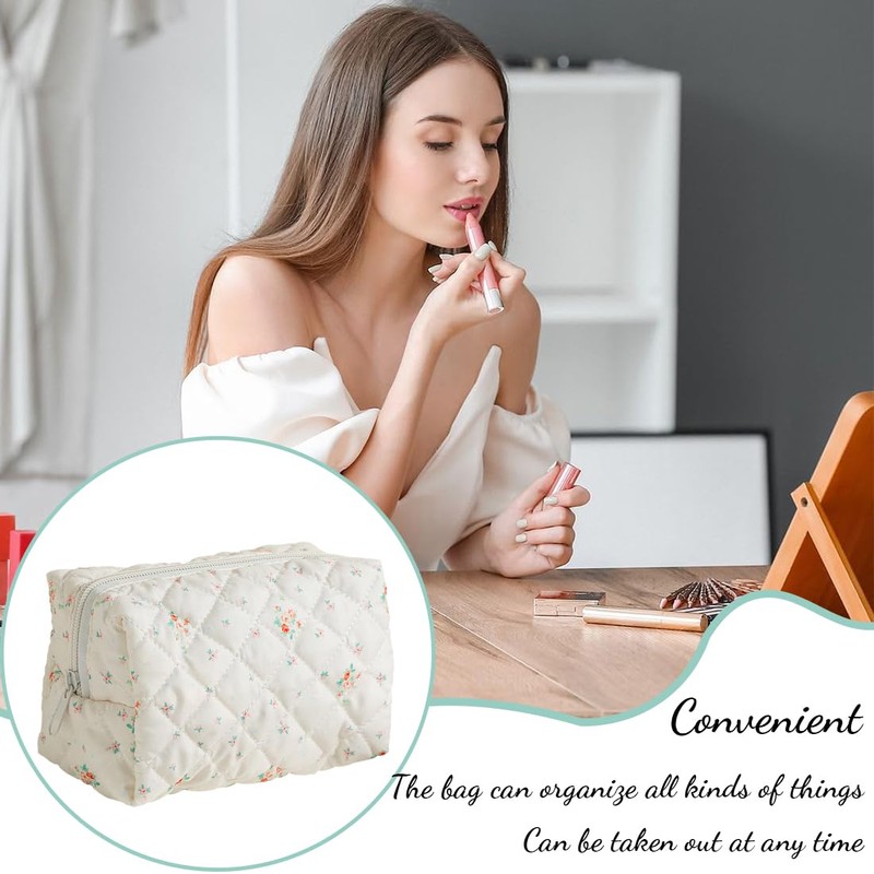 NJCXOLA Floral Pattern Quilted Cosmetic Bag Large Capacity Soft Cotton