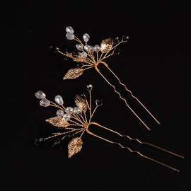 JWICOS Bride Wedding Hair Pins Vintage Leaf Bead Head Piece Wedding Hair Accessories for Women and Girls (Pack of 2) (Gold and Black)