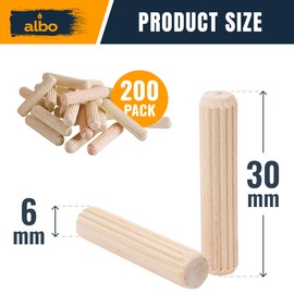 ALBO Wooden Dowel Pins 6mm x 30mm Fluted Wood Dowels Rods 200 Pack Hardwood Crafts Dowel Pegs