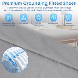 Grounding Sheet Queen Size, Grounding Fitted Sheet with 5% Pure Silver Fiber + 95% Organic Cotton, Earth Conductive Bed Sheets Kit with Grounding Cord for Better Sleep (60" x 80" x 15" Gray)