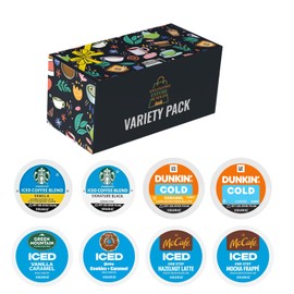 16pc-8 Flavor Cold Iced Coffee K Pods Variety Pack –Dunkin, Starbucks, Green Mountain, Mccafe, Donut Shop Ice Pods in Gift Box - Vanilla, Mocha, Hazelnut, Caramel- Keurig Compatible Coffee Pods