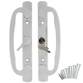 Hyneesun Centered Position Key Locking Patio Door Handle 3-15/16 Inch(10cm) Hole spacing（Right and Left Handed White Sliding Door Handle Set Mortise Style, keyed (Centered, White)