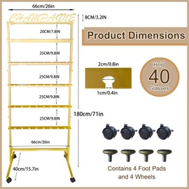 jvsufuik Champagne Wall Holder for Party, Rolling Champagne Tower Stand with Removable Sign, 5-Tier Champagne Flute Holder Hold 40 Glasses, Metal Wine Glass Stand for Party, Wedding, Christmas