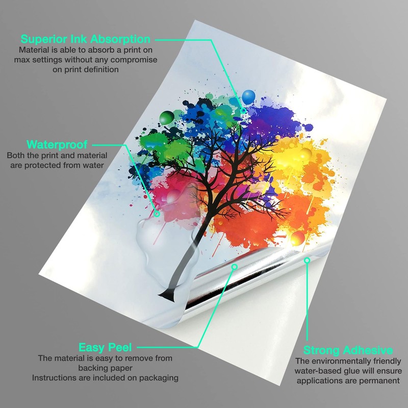 10 Sheets of Vinyl Stickers, A4 Waterproof, Shiny Silver, Printable,