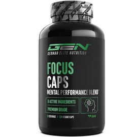 Focus Caps - 120 Capsules - Mental Performance Blend with L-Theanine, Green Tea, Guarana, Citrus Aurantium Extract Caffeine, D-Glucuronolactone - High Dose, Vegan