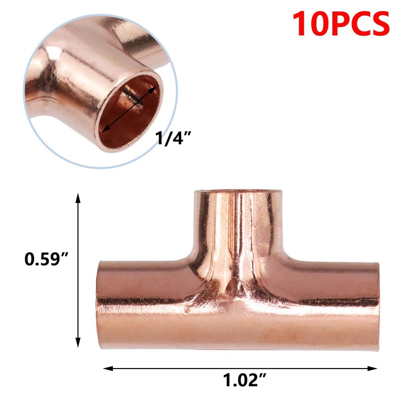 Antrader Tee Copper Fitting,LF Sweat Solder Copper Tee,1/4 Inch ID