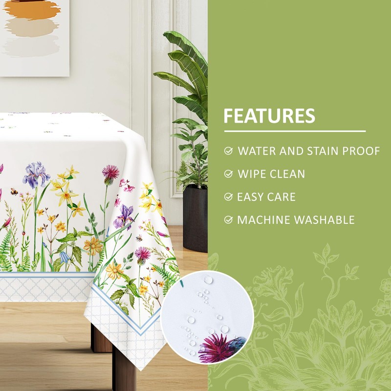 Arquiel Tablecloth Wild Flowers, Tablecloths Washable Rectangular Tablecloth Spring Leaves