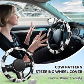 SuperKaKa Black Cow Print Steering Wheel Cover 2024, PU Cute Auto Cow-Pattern Breathable Slip-Proof Comfort Leather Covers Universal Protector Car Interior Accessories for Women Men (Black)