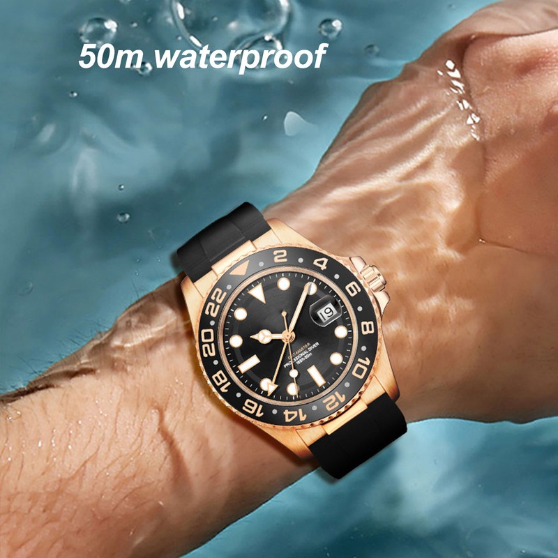 Men Field Watch Mineral Glass 50M Waterproof Silicone Strap Luminous