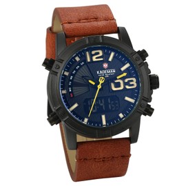 JewelryWe Men's Leather Wristwatch Multi-Function Alarm Watch Waterproof Sports Watch,Brown