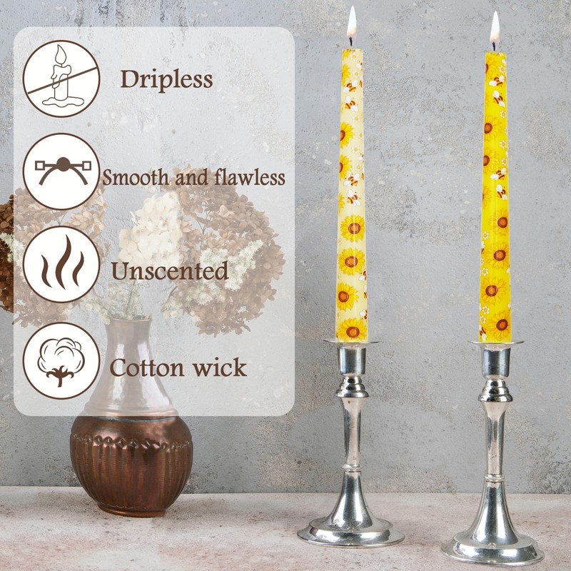 W&LESVAGO 4 Pcs Sunflower Print Taper Candles, 10 Inch Gradient