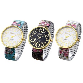 JewelryWe Women's Big Dial Easy Reader Watch Floral Elastic Stretch Band Wristwatch, for Mothers Day