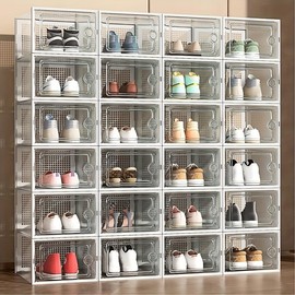 6/12pcs Thickened Plastic Transparent Shoe Boxes With Lid, Foldable Stackable, Free Combination, Space Saving Storage Organizer - Color: Gray, Size: 6pcs