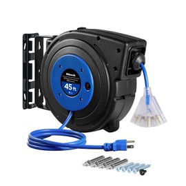 WILAWELS Retractable Extension Cord Reel, 45 FT Heavy Duty Power Cord, 12AWG/3C SJTOW, 3 Grounded Outlets Lighted Triple Tap, 15 Amp Circuit Breaker, UL Listed, Blue U45CR06