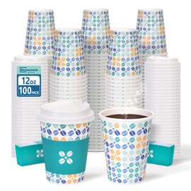 Homestockplus 12oz Disposable Paper Cups -Heavy Duty Paper Coffee Cups with Lids for Hot & Cold Drinks | Leak-Resistant Design for Home, Coffee Shops, Car, Offices, Parties [100 Pack]