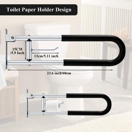 BotaBay Handicap Grab Bars Rails 23.6 Inch Toilet Paper Holder Design, Thickened Base, Non-Slip Armrest Cover - Bathroom Safety Bar for Seniors, Disabled, Pregnant Women - Foldable, Easy Installation
