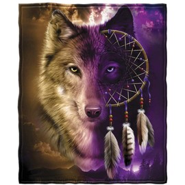 HUGS IDEA Sherpa Fleece Throw Blanket, Wolf Dream Catcher Tribal Elegant Plush Blanket Fuzzy Flannel Soft Oversized Adults Throw Perfect for Bed, Sofa - 3XL