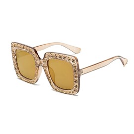 Retro Oversize Square Diamond Rhinestone Sunglasses for Women Men Disco Bling Bling Glasses（Yellow）